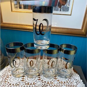 Mid Century Dorothy Thorpe Monogrammed glasses Silver rimed letter W set of 5